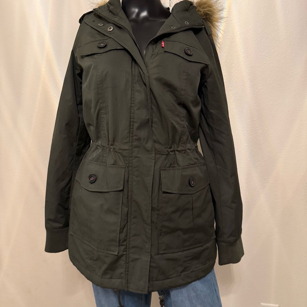 Levi's Dark Green Utility Jacket with Faux Fur Trim